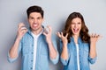 Portrait of frustrated anger crazy married couple have freelance misunderstanding shout yell wear casual style outfit Royalty Free Stock Photo