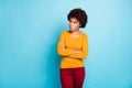 Portrait of frustrated annoyed afro american girl cross hands look copyspace have misunderstanding with her boyfriend Royalty Free Stock Photo