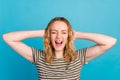 Portrait of frustrated girl close cover hands ear ignore loud noise scream isolated over shine color background