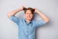 Portrait of frustrated outraged evil guy have lots of work routine lose temper feel exhausted hold his haircut close