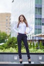 Portrait in full length, young business woman in white shirt Royalty Free Stock Photo