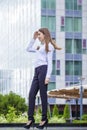 Portrait in full length, young business woman in white shirt Royalty Free Stock Photo