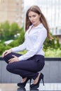 Portrait in full length, young business woman in white shirt Royalty Free Stock Photo