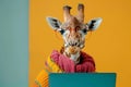 Portrait of fun giraffe office worker in hipster clothes working at the table on laptop on yellow background Royalty Free Stock Photo