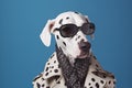 A portrait of a funky anthropomorphic dalmatian dog wearing jacket, scarf and sunglasses on the blue background Royalty Free Stock Photo