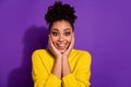 Portrait of funky excited person arms touch cheeks stare speechless isolated on purple color background Royalty Free Stock Photo