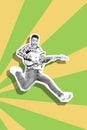 Portrait funky he his him guy man jump electric guitar hands excited futuristic stylized illustration design casual Royalty Free Stock Photo