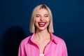 Portrait of funky positive woman with straight hair wear stylish shirt laughing from funny joke  on dark blue Royalty Free Stock Photo