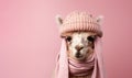 Portrait funny Alpaca in warm knitted hat and scarf isolated on pink background. Cute lama in winter clothes. Banner template with