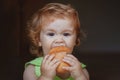 Portrait of funny baby with bread in her hands eating. Cute toddler child eating sandwich, self feeding concept. Royalty Free Stock Photo