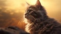 Portrait of a funny beautiful red fluffy cat with sunrise