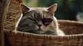 Portrait of funny cat wearing sunglasses lying in a basket outdoors in summer. Generative AI Royalty Free Stock Photo