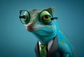 Portrait of a funny chameleon in glasses and a business suit in studio blue lighting. AI Generated