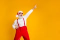 Portrait of funny crazy santa claus hipster in red hat fun christmas x-mas party celebrate newyear time dance raise Royalty Free Stock Photo