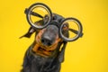 Portrait of funny dachshund puppy with silly look, who wears old-fashioned glasses for vision correction with round