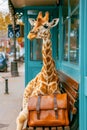 Portrait of a funny giraffe sitting at a bus stop with an office briefcase and waiting for a regular bus Royalty Free Stock Photo