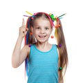 Portrait of a funny girl with colorful strands in her hair. . girl keeps the index finger raised up. Idea. The concept of creativi