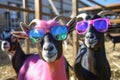 Portrait of funny goats in a sunglasses. Abstract of fashion style sheepss wearing sunglasses portrait. sheep fur multi colored Royalty Free Stock Photo