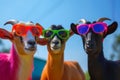 Portrait of funny goats in a sunglasses. Abstract of fashion style sheepss wearing sunglasses portrait. sheep fur multi colored