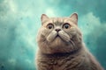 A portrait of a funny grey cat looking upward. Blue background sky with clouds. Copy space