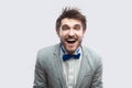 Portrait of funny happy handsome bearded man in casual grey suit and blue bow tie standing laughing and looking at camera Royalty Free Stock Photo