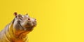 Portrait of a funny hippopotamus isolated on bright yellow background. Banner, place holder, copy space.