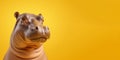 Portrait of a funny hippopotamus isolated on bright yellow background. Banner, place holder, copy space.