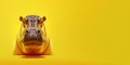 Portrait of a funny hippopotamus isolated on bright yellow background. Banner, place holder, copy space.