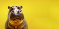 Portrait of a funny hippopotamus isolated on bright yellow background. Banner, place holder, copy space.