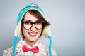 Portrait of Funny Hipster Girl in Winter Hat Royalty Free Stock Photo