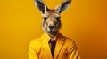 Portrait of a funny kangaroo dressed in a yellow men\'s suit on a yellow background.