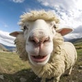 Portrait of Funny laughing sheep. eco farming concept, 360 degrees panoramic camera, AI generative