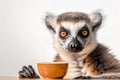 Portrait of a funny lemur drinking coffee from a cup and looking at the camera. Portrait of Ring-tailed lemur with big