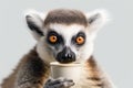 Portrait of a funny lemur drinking coffee from a paper cup and looking at the camera. Portrait of Ring-tailed lemur with