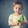 Portrait of funny little boy with window plants Royalty Free Stock Photo
