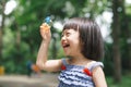 Portrait of funny lovely little girl blowing soap bubbles Royalty Free Stock Photo