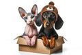 Portrait funny pets box. Sphynx cat and dachshund dog Isolated on white background. ai generative