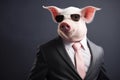 Portrait of a funny pig in a suit and sunglasses on a dark background. Anthropomorphic animals concept