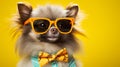 Portrait of a funny Pomeranian dog wearing sunglasses isolated on yellow background