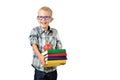 Portrait of funny schoolboy with books and apple isolated on white background. Education Royalty Free Stock Photo