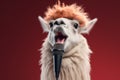 Portrait of funny singing llama with microphone Generative AI