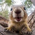 Portrait of Funny squirrel in the forest. 360 degrees panoramic camera, AI generative