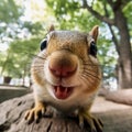 Portrait of Funny squirrel in the forest. 360 degrees panoramic camera, AI generative