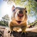 Portrait of Funny squirrel in the forest. 360 degrees panoramic camera, AI generative