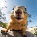 Portrait of Funny squirrel in the forest. 360 degrees panoramic camera, AI generative