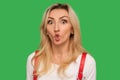 Portrait of funny wondered adult blond woman looking at camera with idiotic silly expression, making fish face Royalty Free Stock Photo