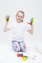 Portrait of Funny Young Girl Showing Messy Colorful Hands Brightly Painted