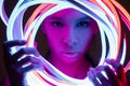 Futuristic african american woman in neon lighting