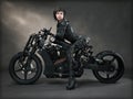 Portrait of a futuristic sci fi female and her custom black motorcycle with a studio backdrop.