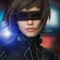Portrait of a futuristic sci fi female wearing a tactical jump suit and a science fiction visor